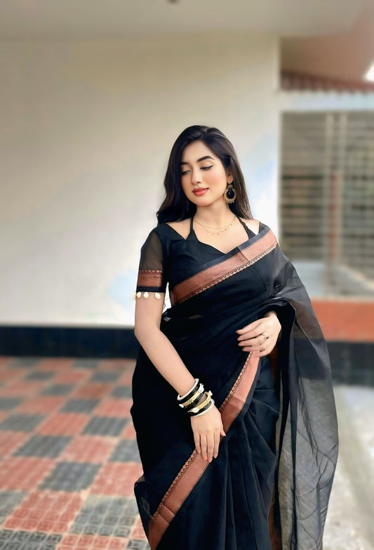 ব্ল্যাক কটন শাড়ি কম্বো