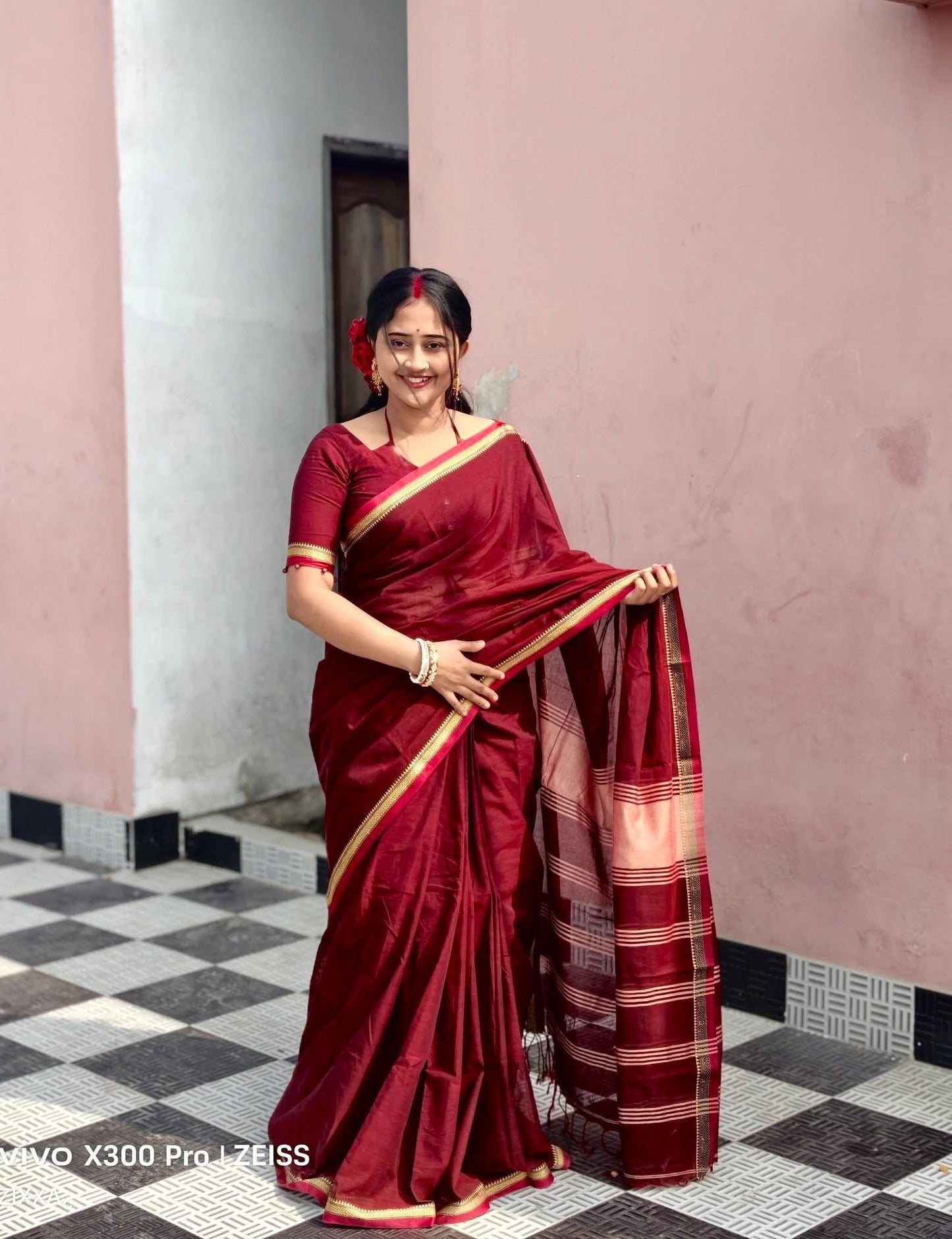 মেরুন কটন শাড়ি