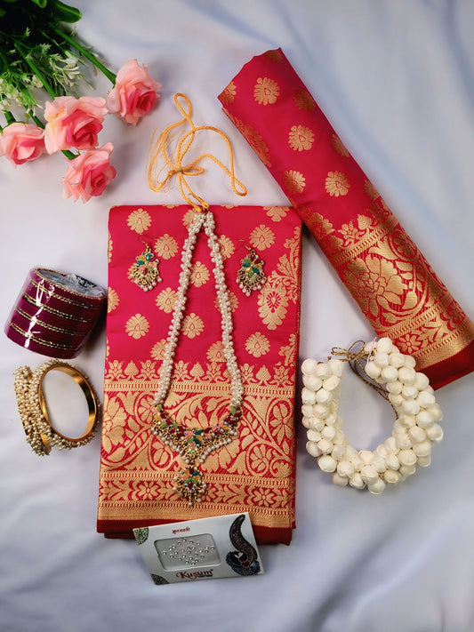 রানী গোলাপী সফ্ট সিল্ক কাতান শাড়ি কম্বো