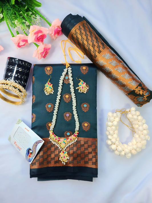 সি গ্রিন সফ্ট সিল্ক কাতান শাড়ি কম্বো