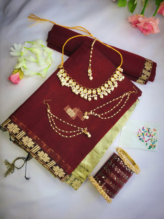 মেরুন কটন শাড়ি কম্বো প্যাকেজ